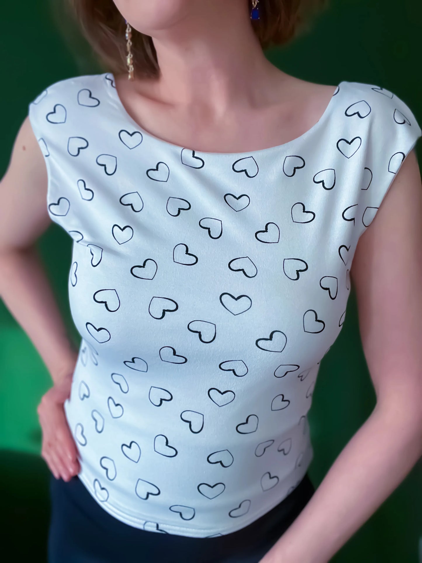 White viscose tango top with heart print - one of a kind