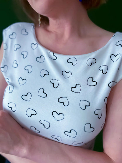 White viscose tango top with heart print - one of a kind