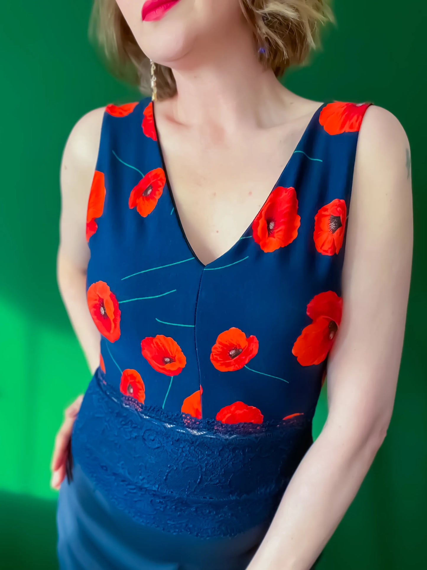 Navy viscose tango top with red poppies - one of a kind