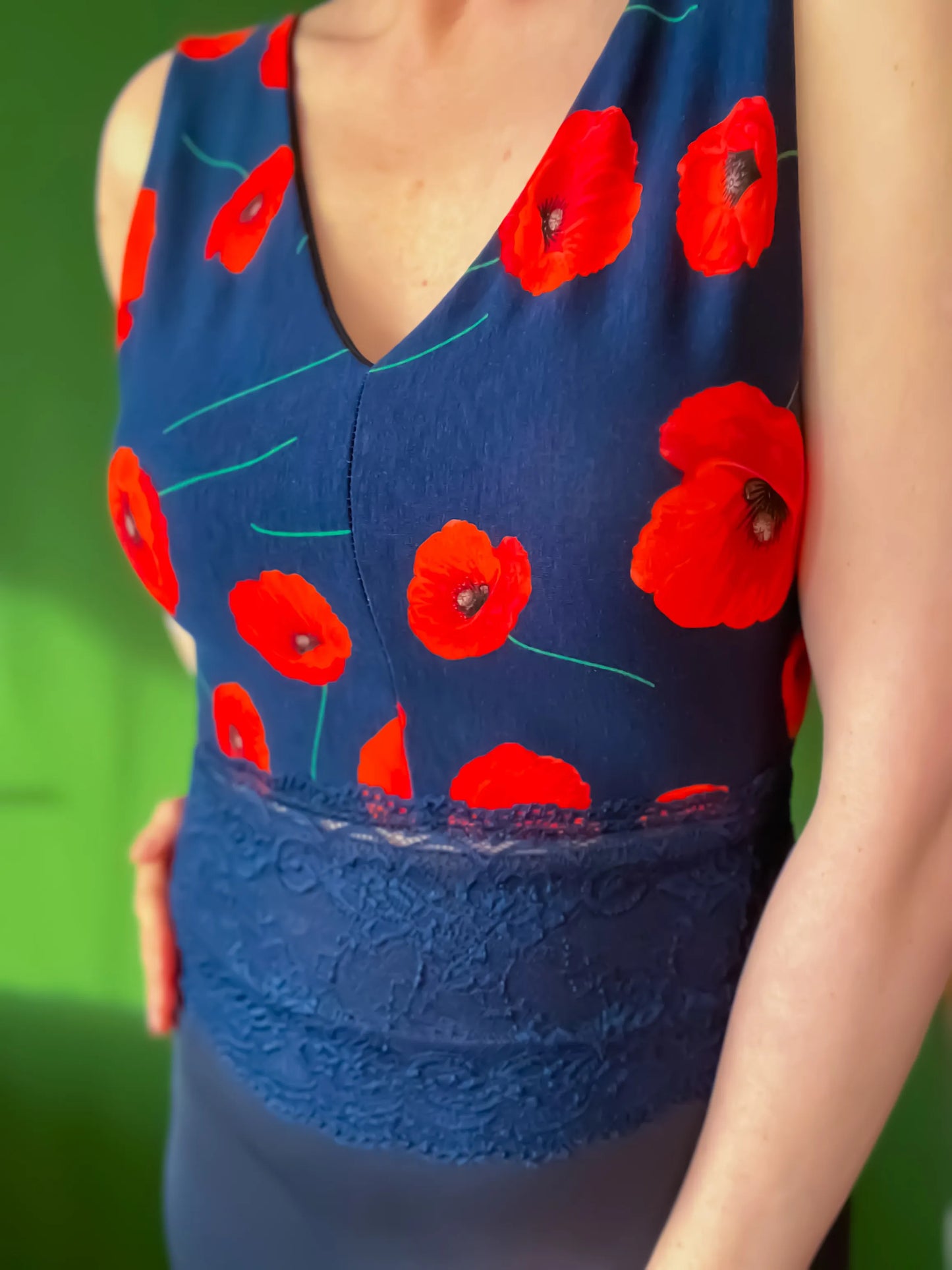 Navy viscose tango top with red poppies - one of a kind