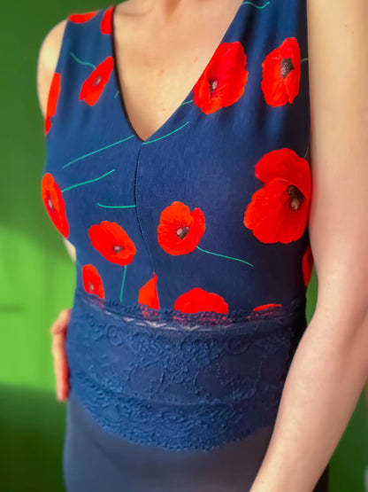 Navy viscose tango top with red poppies - one of a kind