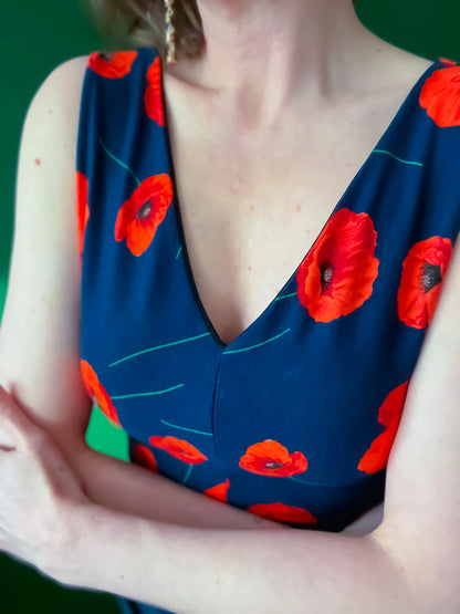 Navy viscose tango top with red poppies - one of a kind