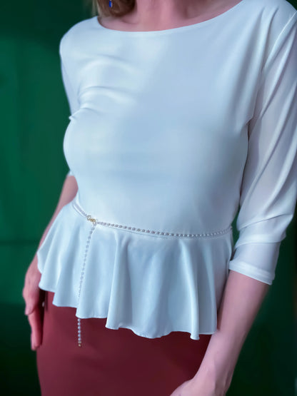 White peplum tango top with pearl belt