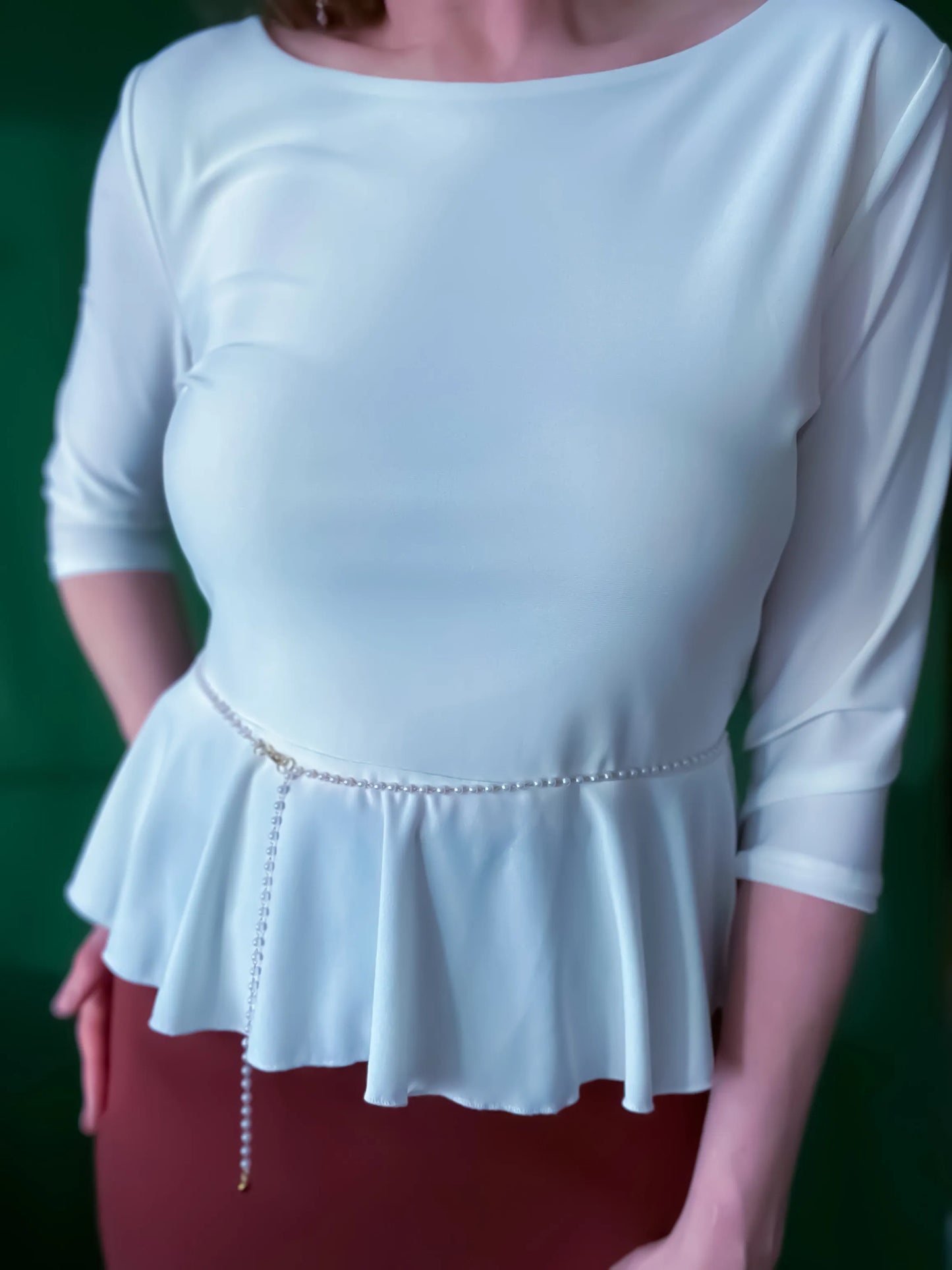 White peplum tango top with pearl belt