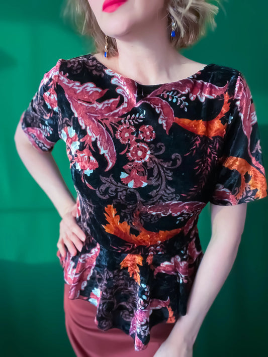 Velvet printed tango top with peplum - one of a kind