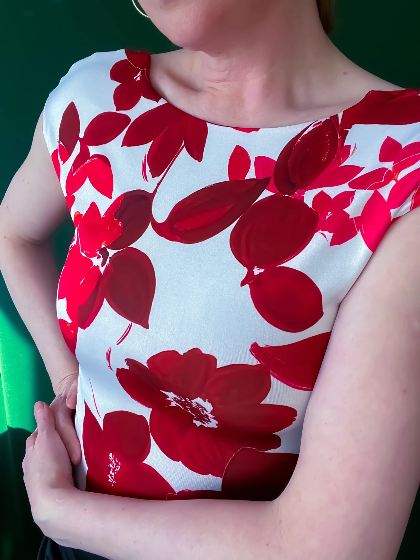 Red-and-white floral tango top with open back