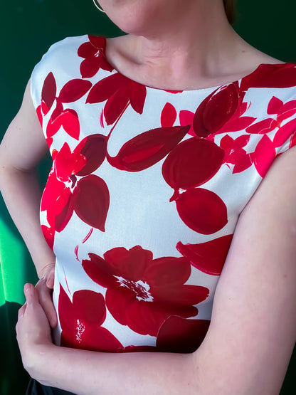 Red-and-white floral tango top with open back