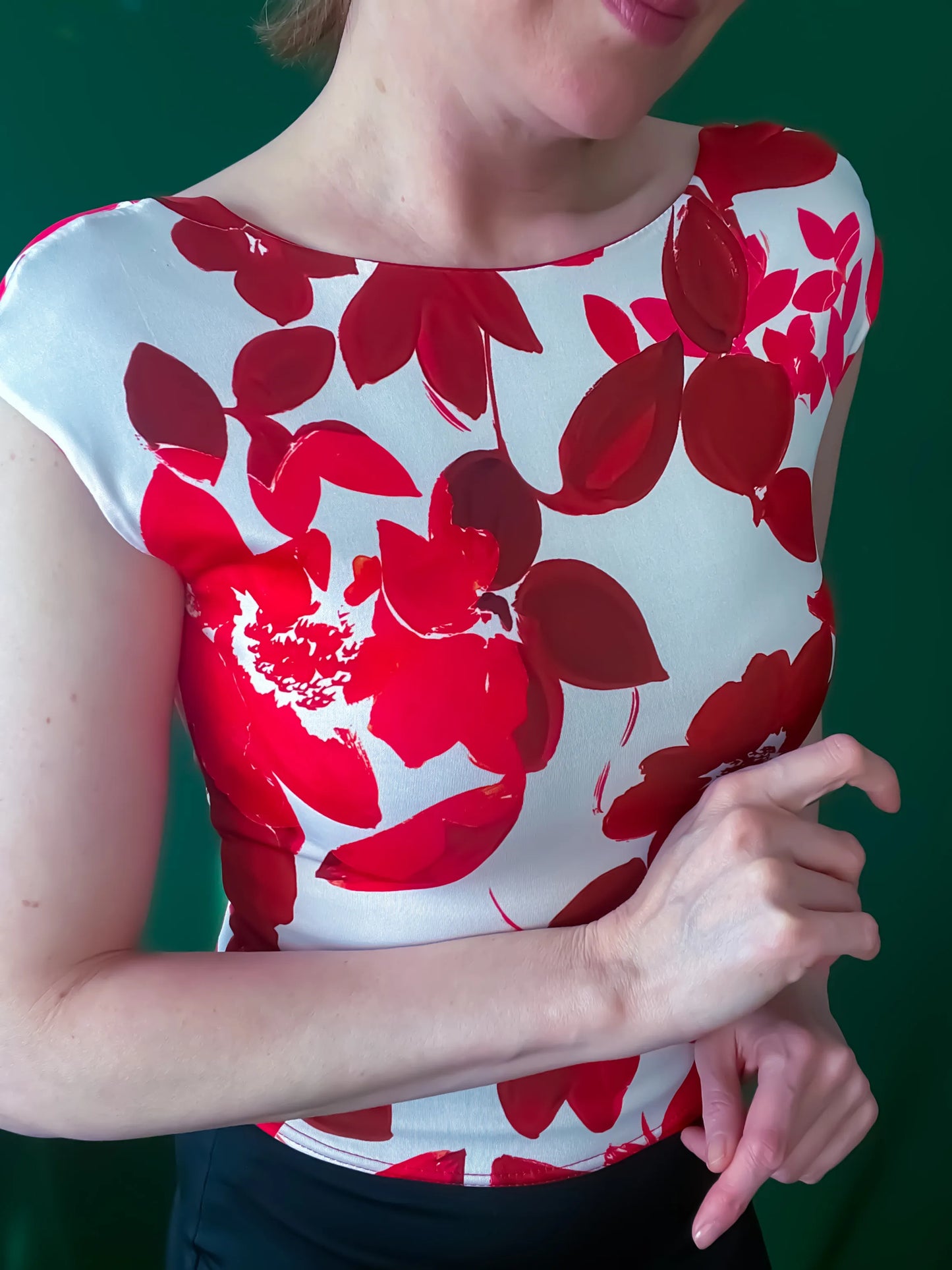 Red-and-white floral tango top with open back