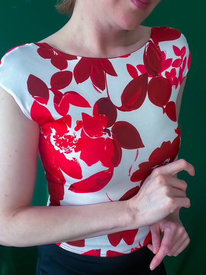 Red-and-white floral tango top with open back