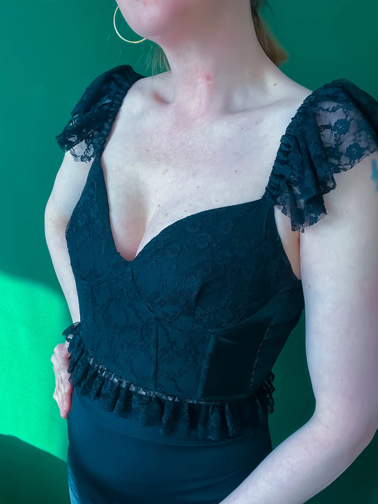 Romantic Lace Tango Top with Corset Fit and Ruffled Sleeves