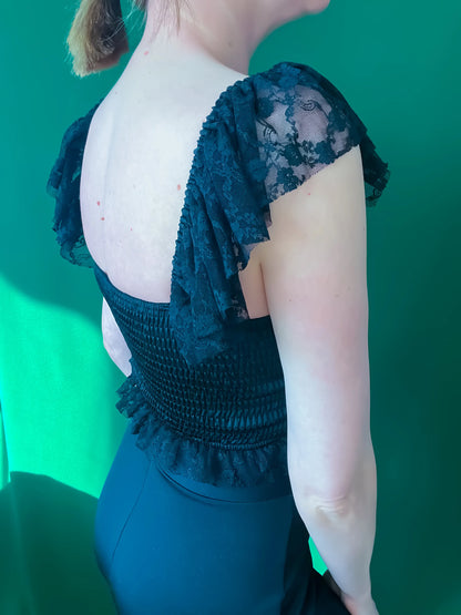 Romantic lace tango top with corset fit and ruffled sleeves