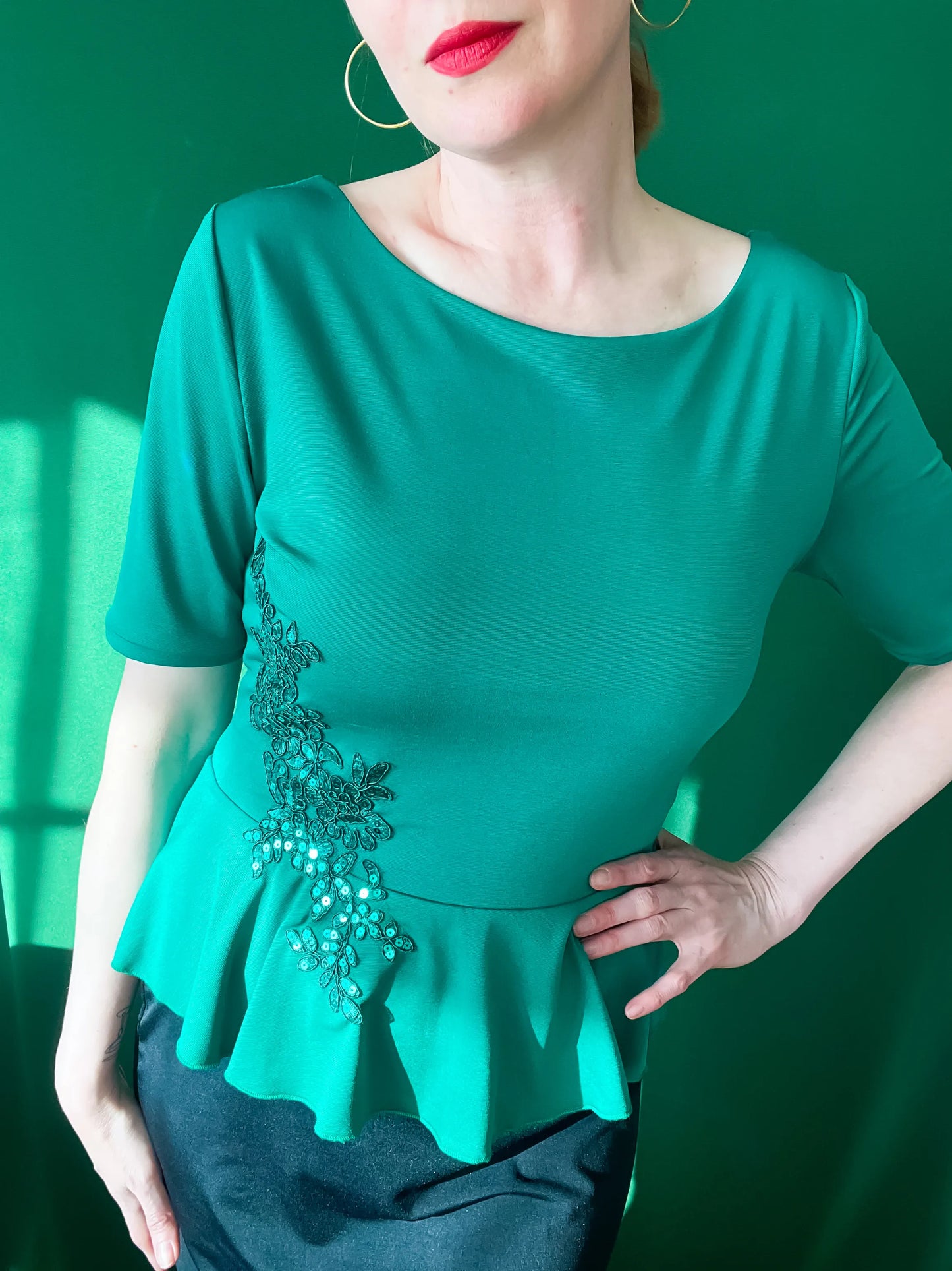 Silky jersey tango top with shimmering embroidery and basque