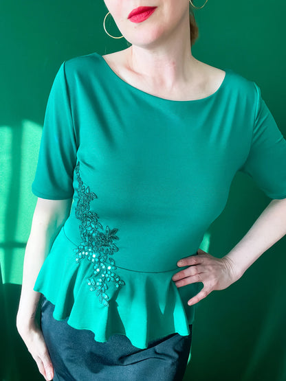 Silky jersey tango top with shimmering embroidery and basque