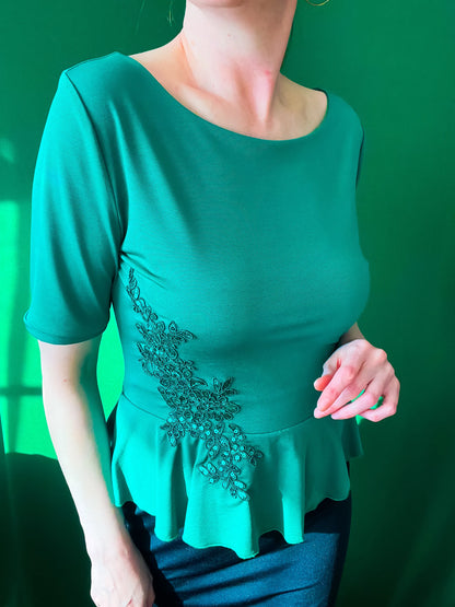 Silky jersey tango top with shimmering embroidery and basque