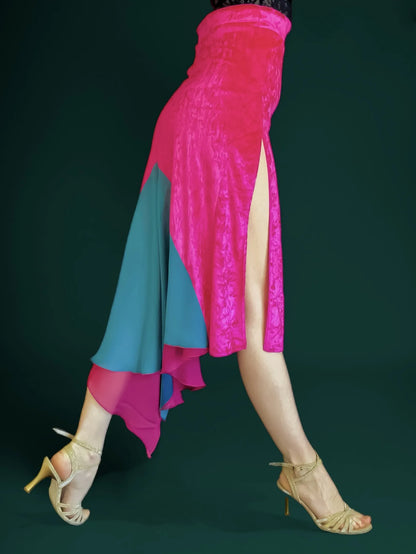 Striking velvet tango skirt with front slit and double chiffon tail