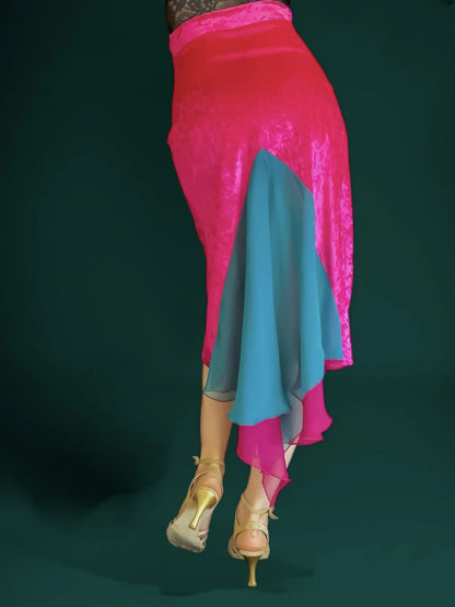 Striking velvet tango skirt with front slit and double chiffon tail