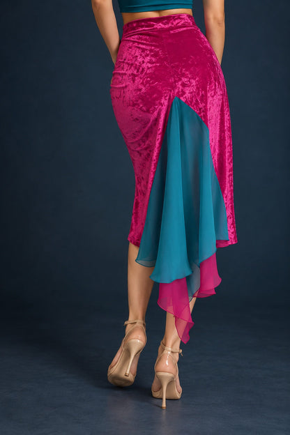 Back view of a women’s tango skirt in stretch velvet with a layered chiffon tail designed for movement, Size S, made in France.