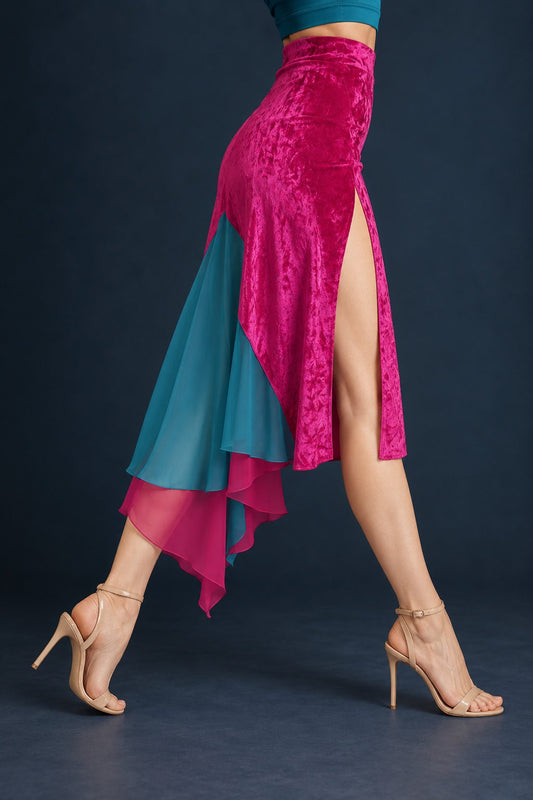 Side view of a women’s stretch velvet tango skirt with a front slit and layered flowing chiffon tail, Size S, made in France.