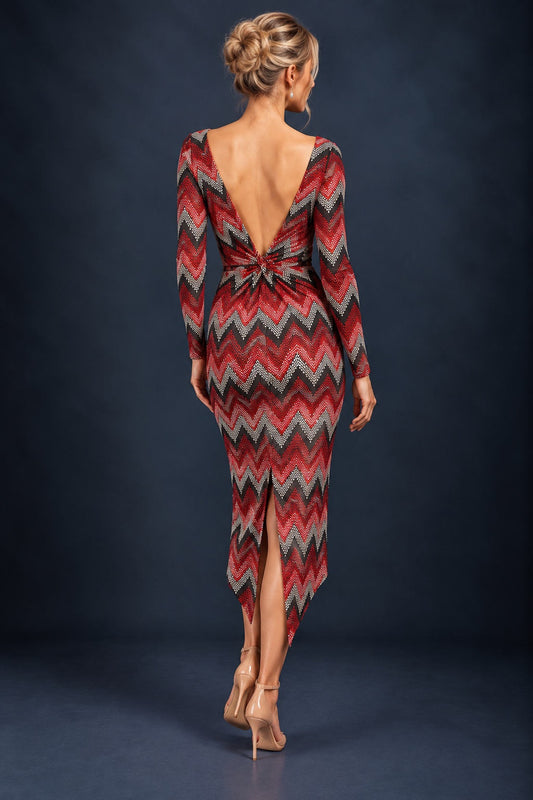 Back view of a women’s tango dress in silky textured stretch jersey with a deep V-shaped open back, decorative knot, asymmetric hem and back slit for freedom of movement.