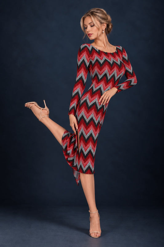 Front view of a women’s tango dress in silky textured stretch jersey with long sleeves, a fitted silhouette and asymmetric midi-length hem, designed for Argentine tango dancing.