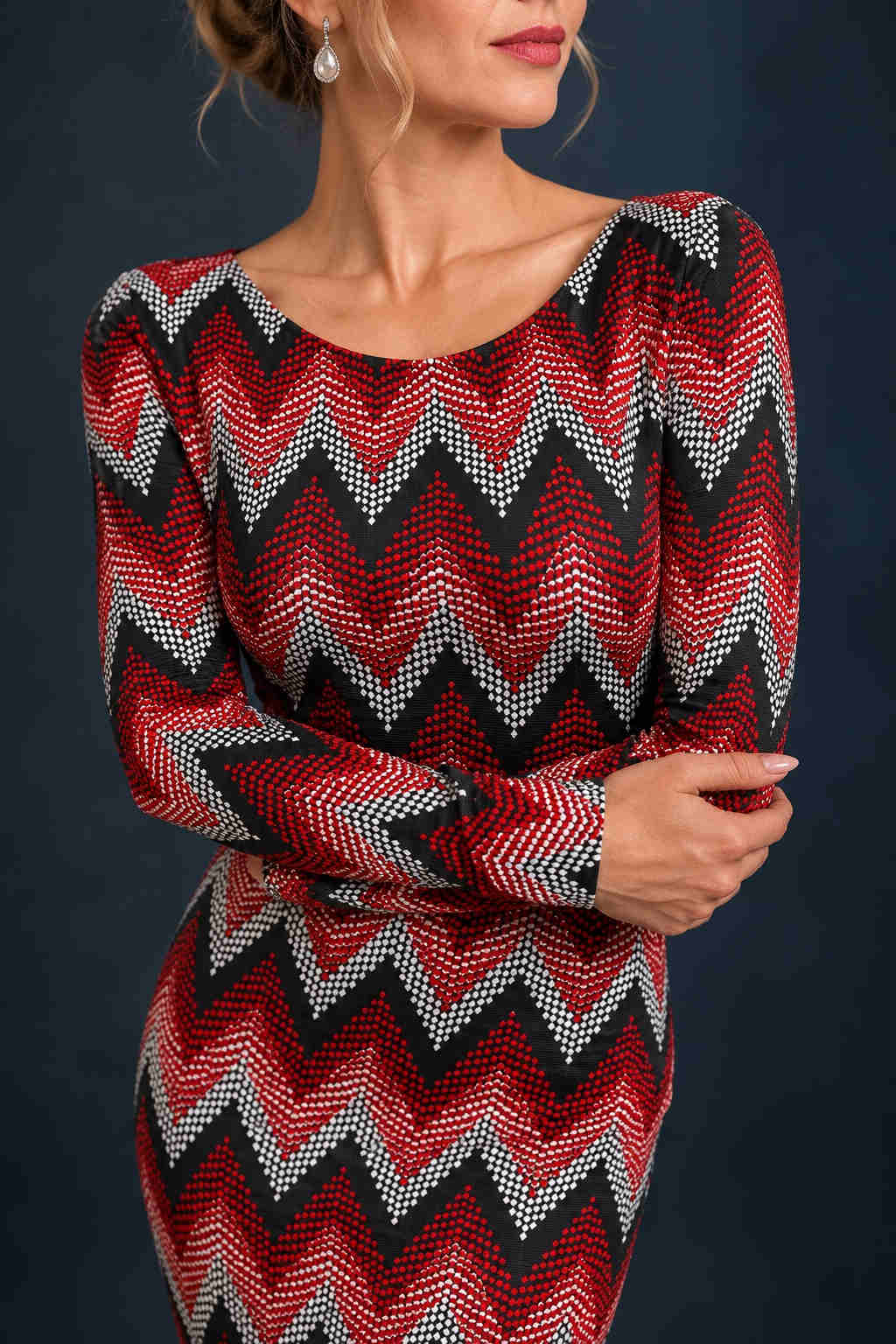 Front view of a women’s tango dress in silky textured stretch jersey with long sleeves, a fitted silhouette and asymmetric midi-length hem, designed for Argentine tango dancing.
