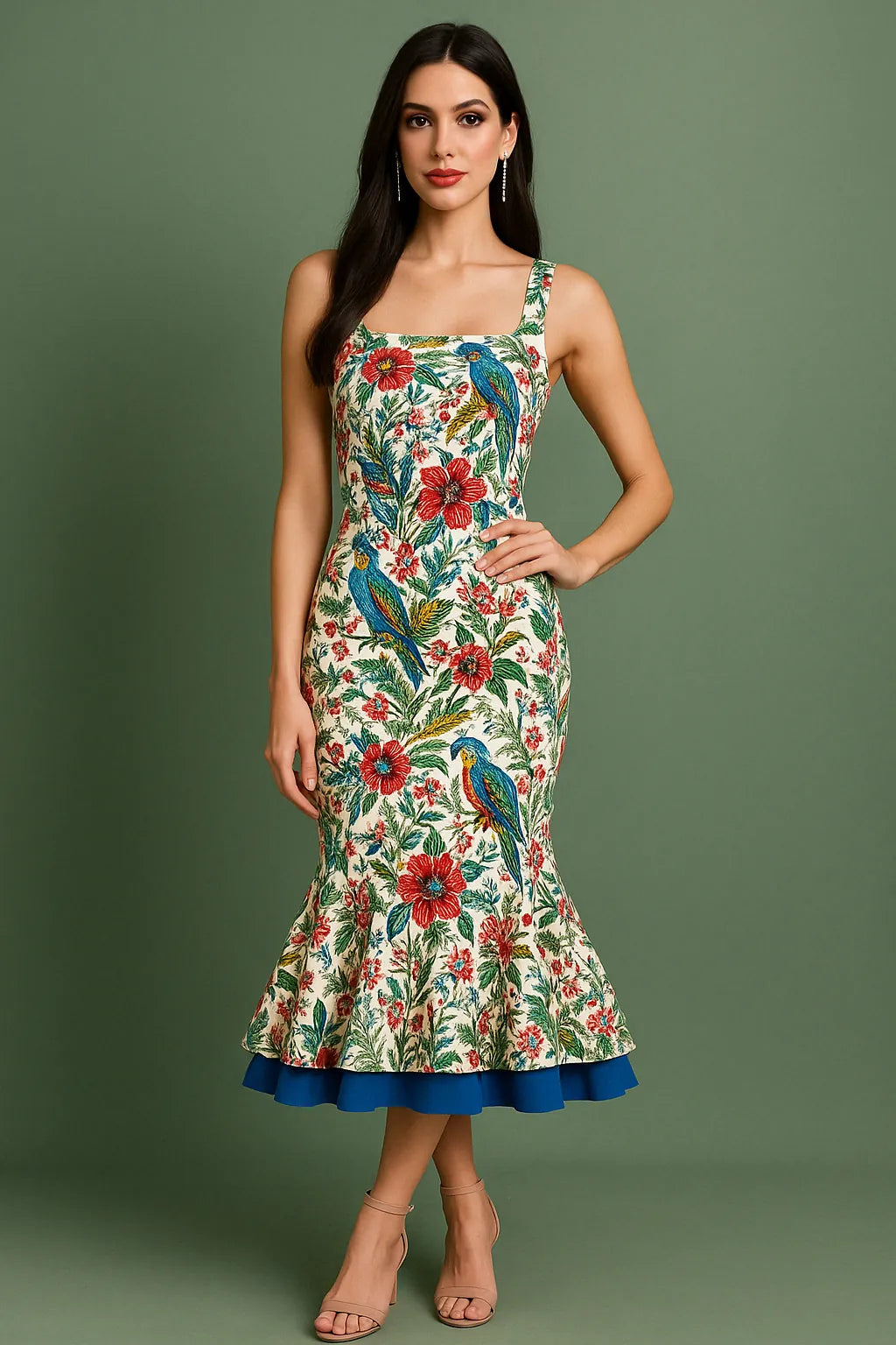 Woman wearing a floral tango dress with parrot pattern on a green background