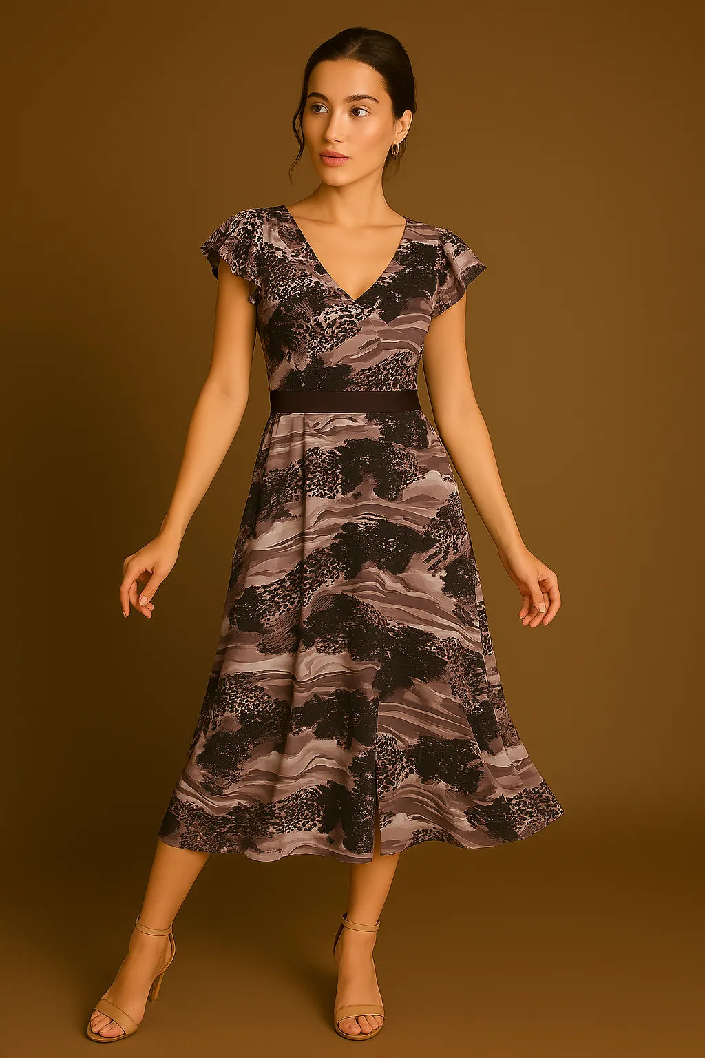 Woman wearing a patterned tango dress against a brown background