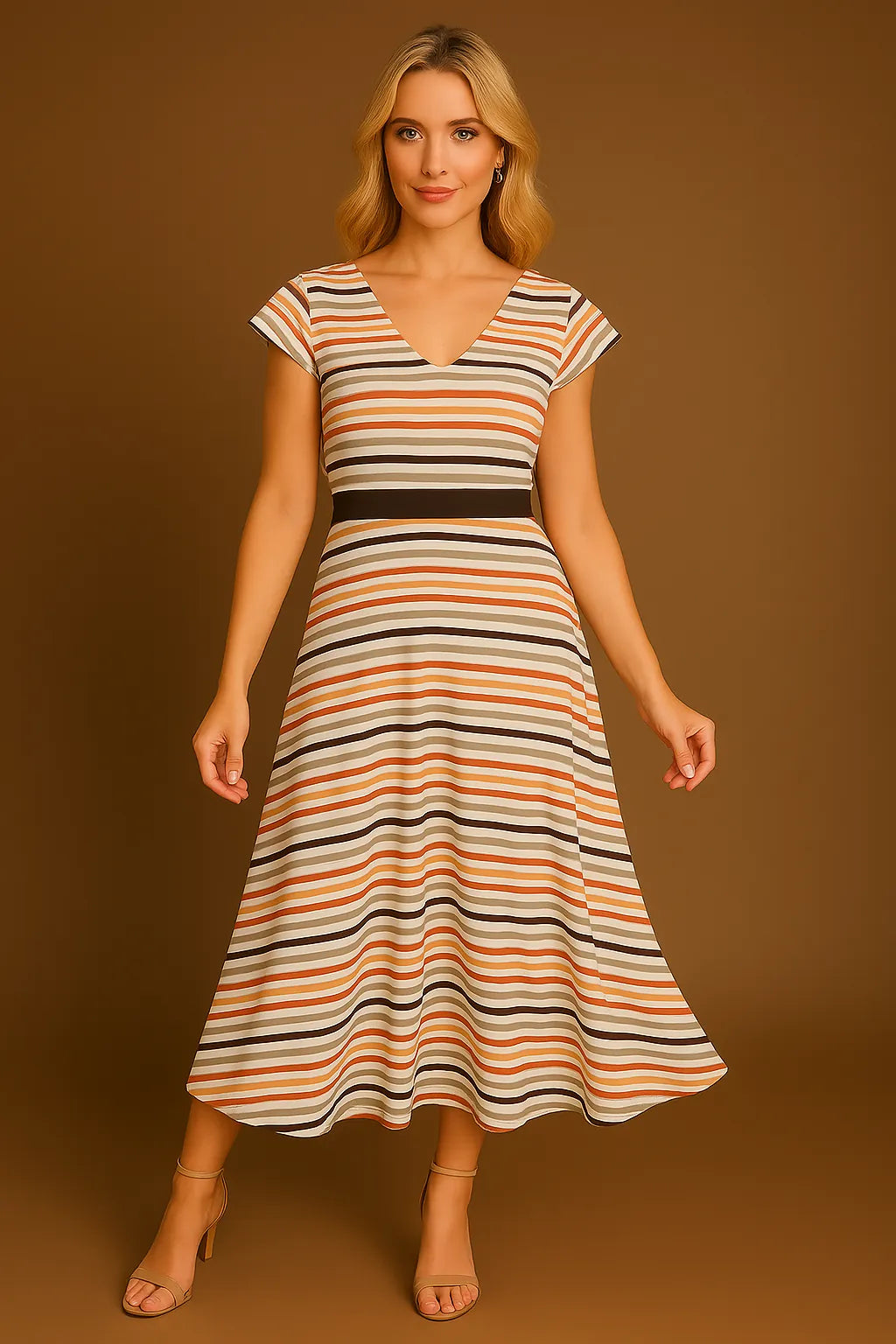 Woman wearing a striped tango dress on a brown background
