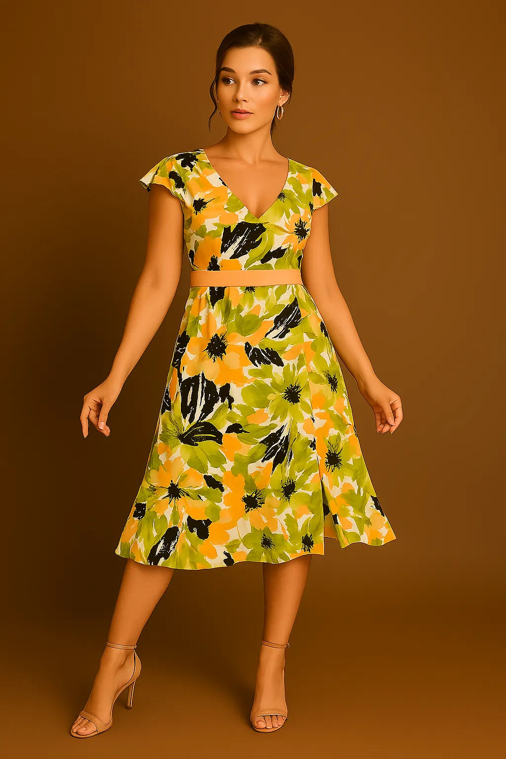 Woman wearing a colorful floral tango dress against a brown background
