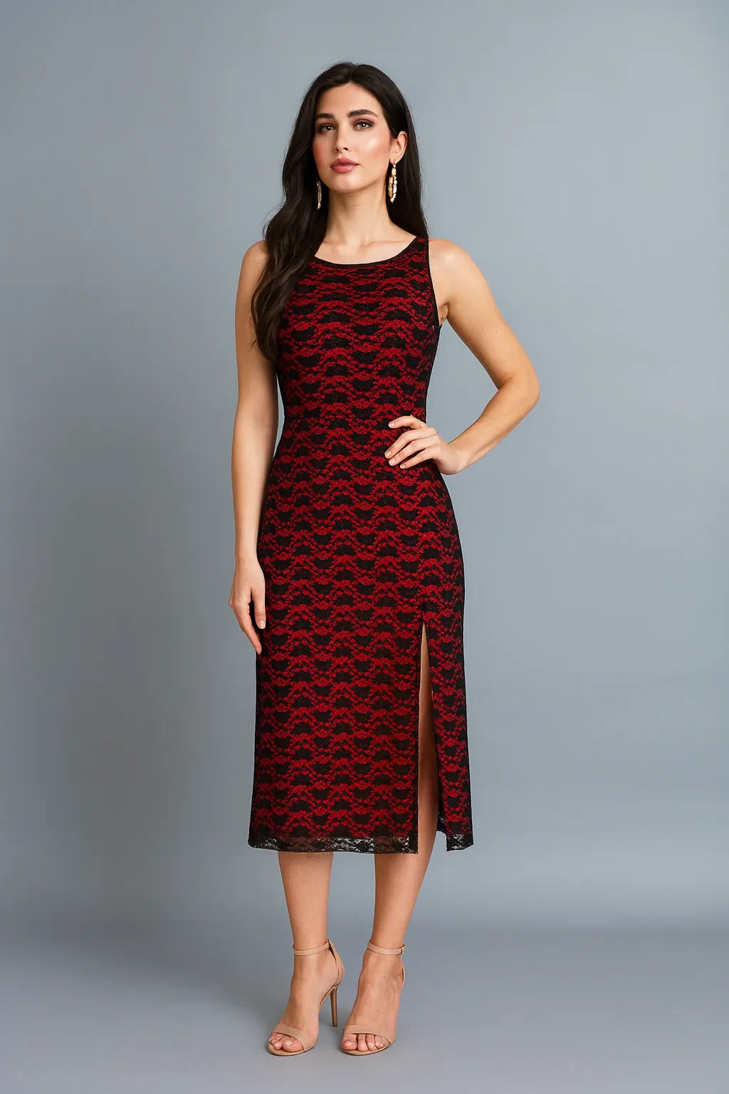 Black lace tango dress with bold red lining and back cut-out