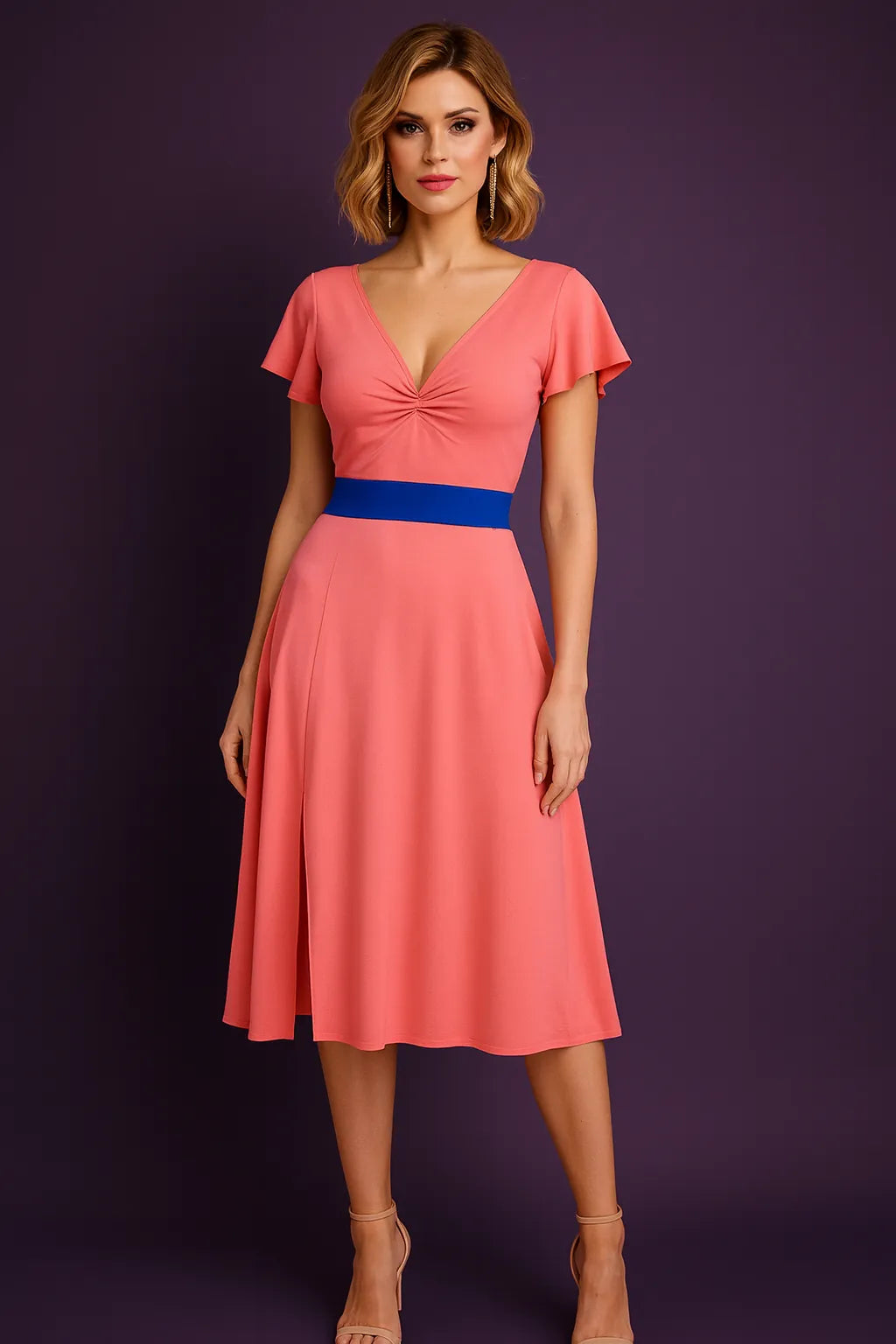 Woman wearing a pink tango dress with a blue belt against a purple background