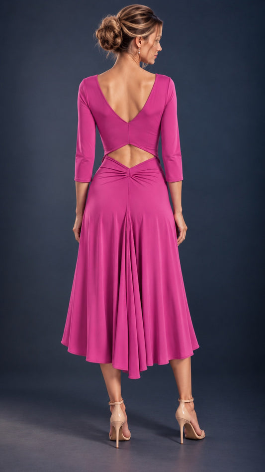 Back view of a fuchsia women’s tango dress with three-quarter sleeves, a flowing skirt and elegant open-back cutout designed to cover a bra strap.
