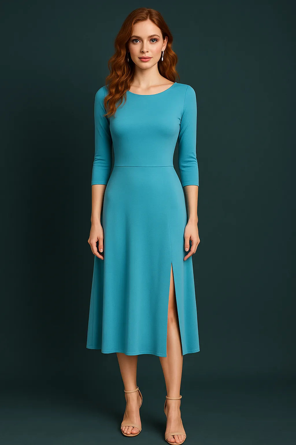 Woman wearing a teal tango dress with a slit on a dark background
