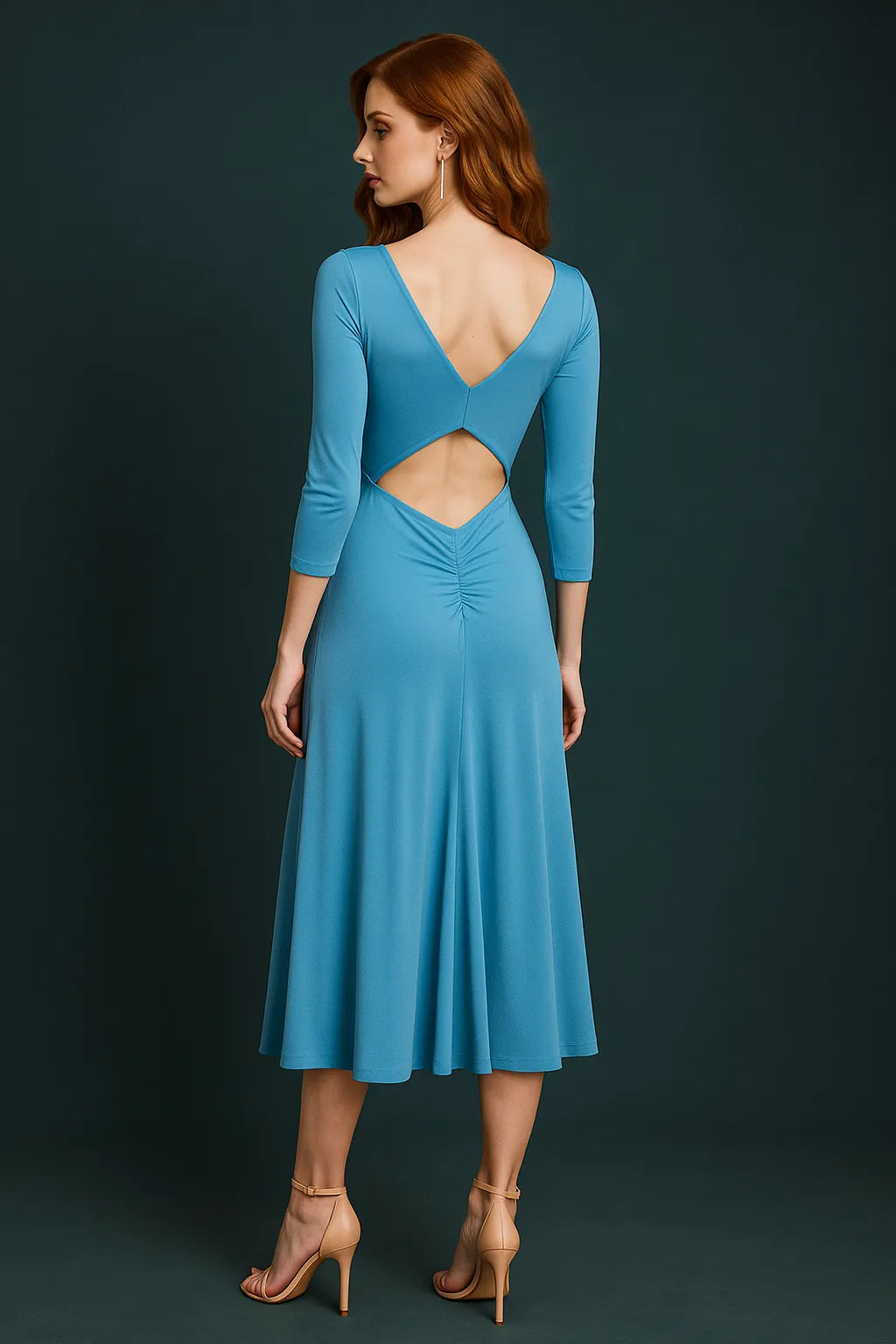 Refined blue tango dress with flowing godet back