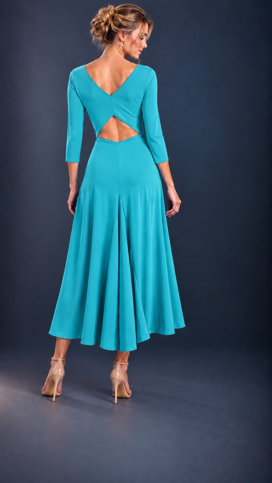 Back view of an aqua blue women’s tango dress with three-quarter sleeves, a flowing skirt and elegant open-back cutout.