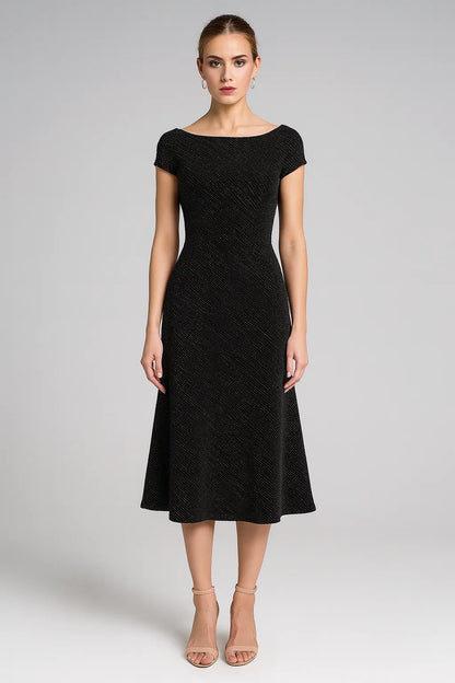 Elegant black flared dress with cap sleeves and fluid movement