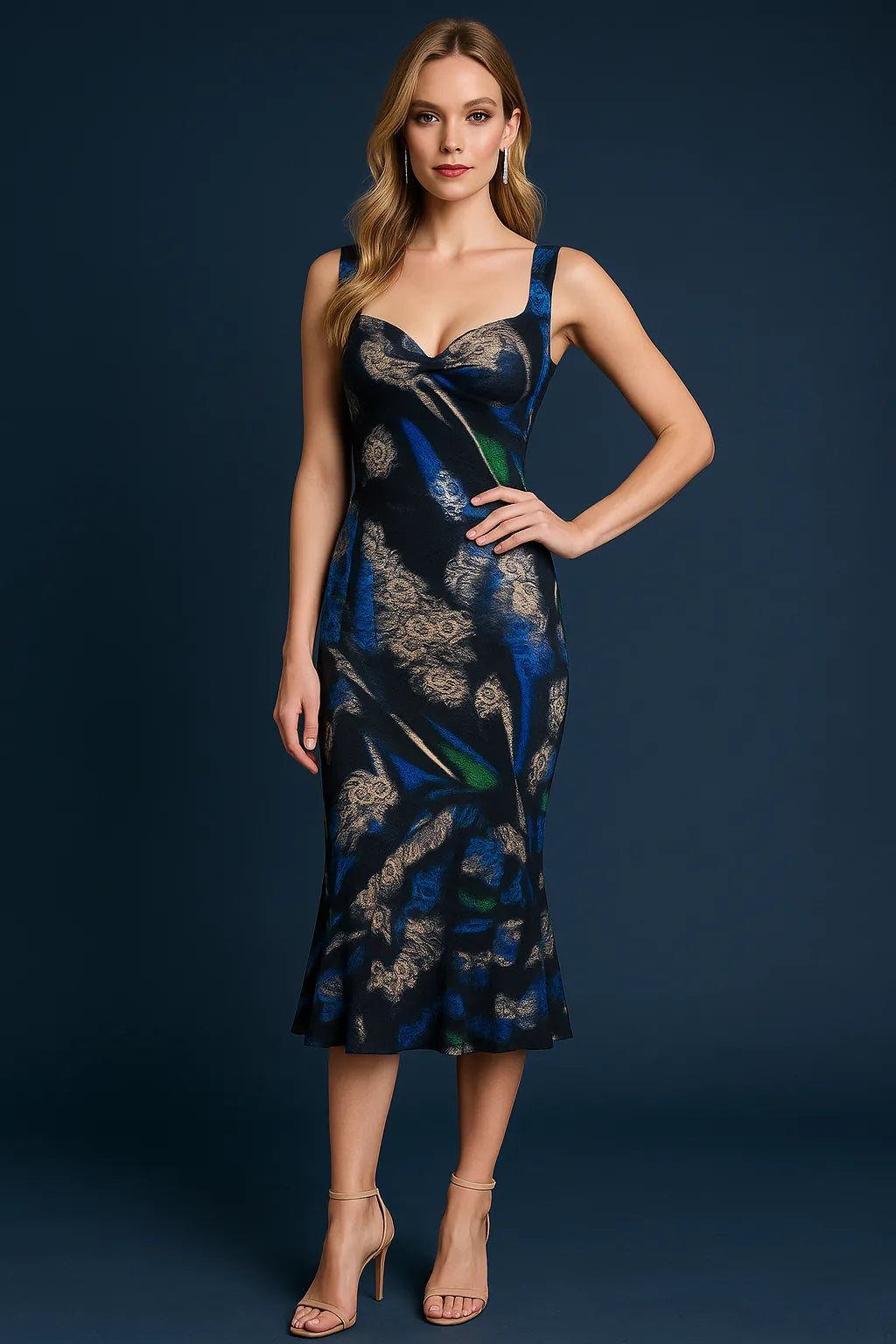 Woman wearing a blue and black patterned tango dress against a dark background