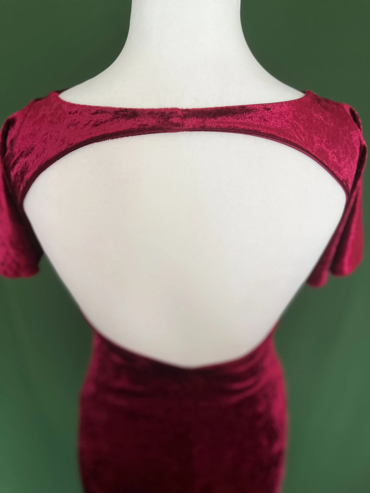 Deep burgundy velvet tango dress with flutter sleeves and open back