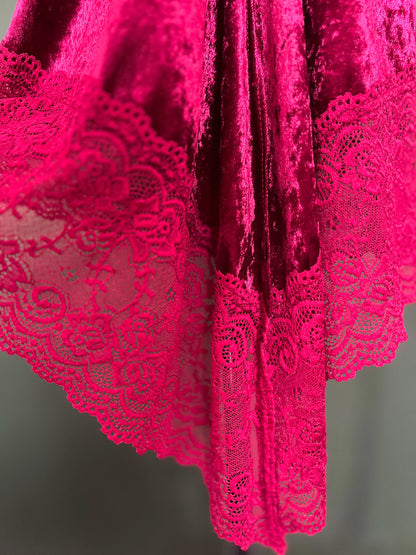 Deep burgundy velvet tango dress with flutter sleeves and open back