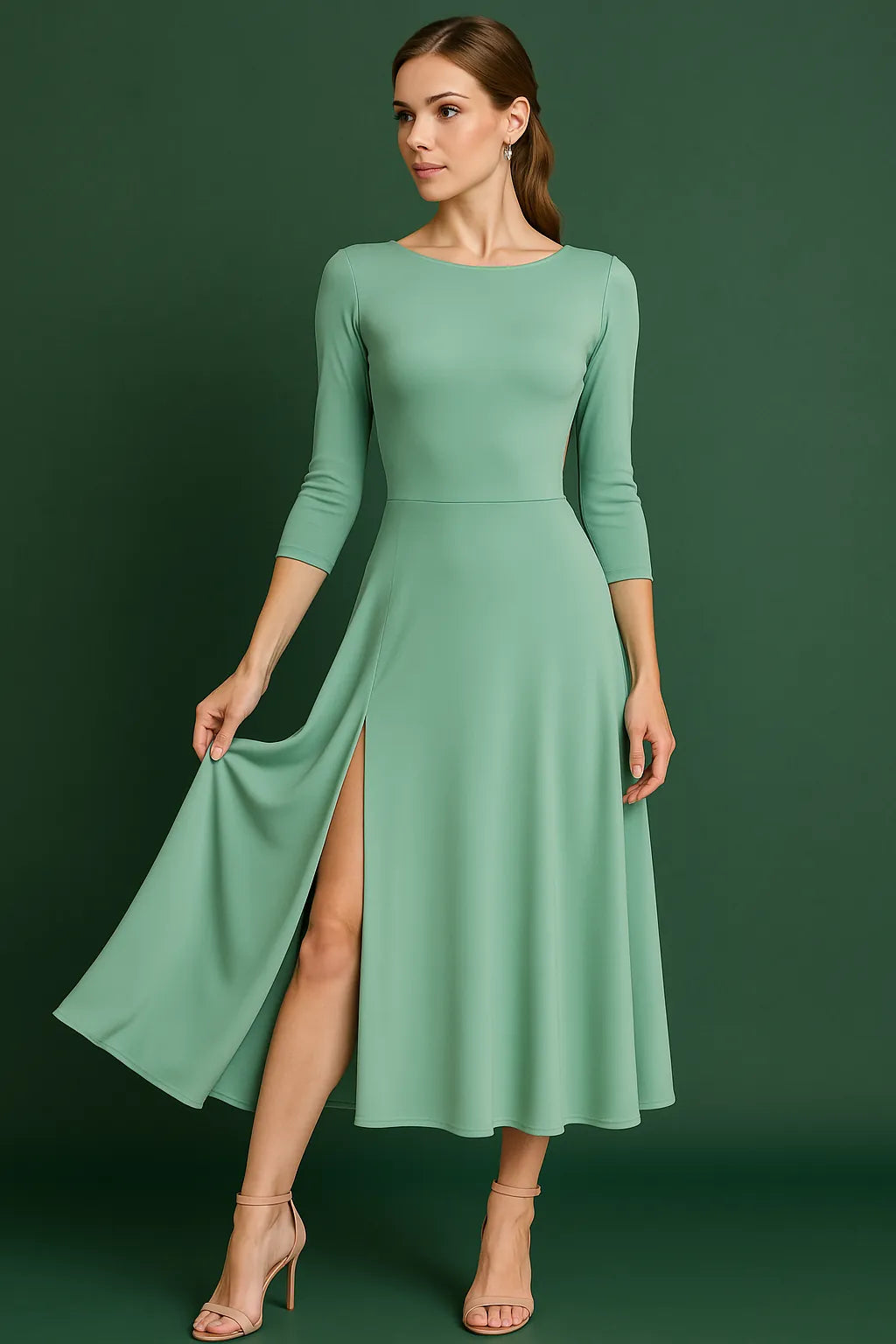 Woman wearing a green tango dress with a slit on a dark green background