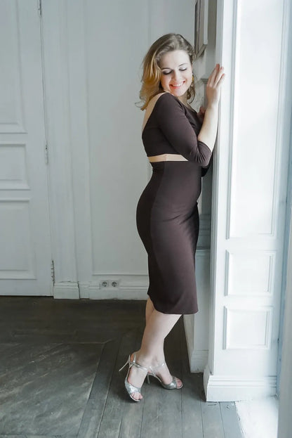 Elegant brown tango dress with beige waistband