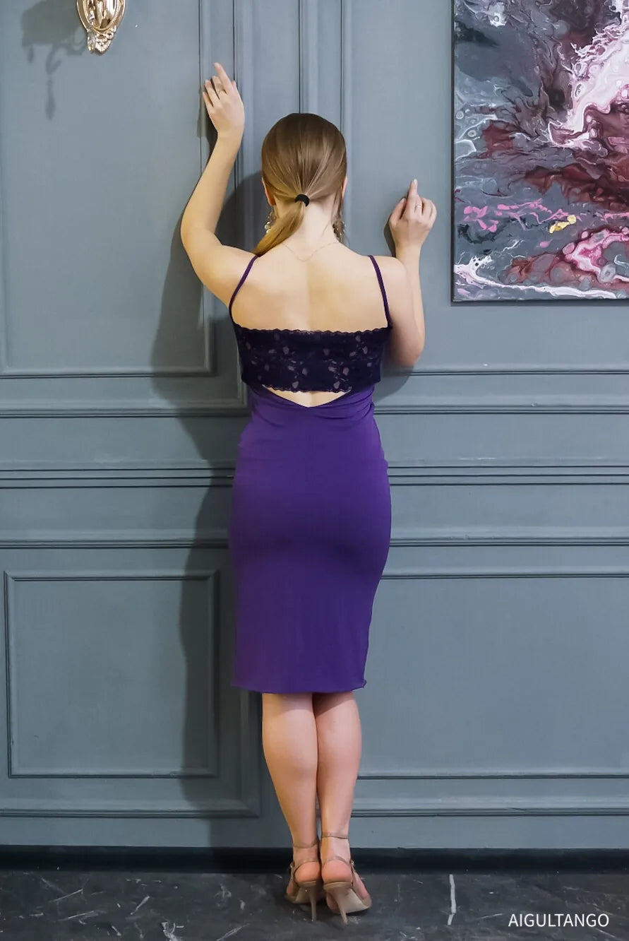 Violet silky tango dress with lace back insert