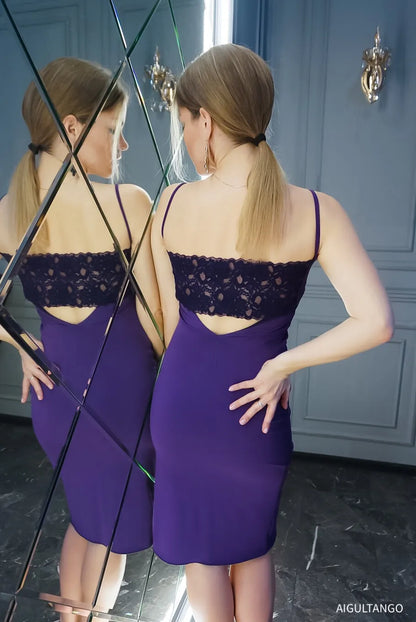Violet silky tango dress with lace back insert