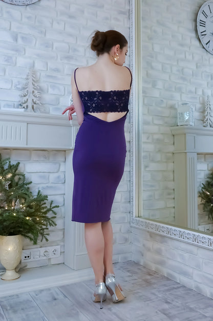 Violet silky tango dress with lace back insert