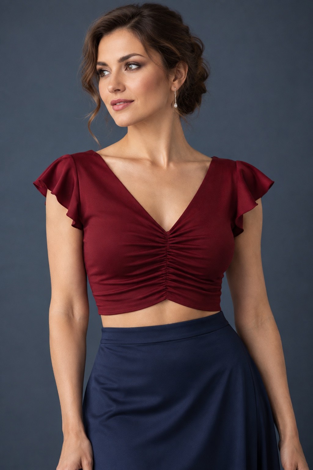Burgundy women’s tango crop top with flutter sleeves and gathered V-neckline