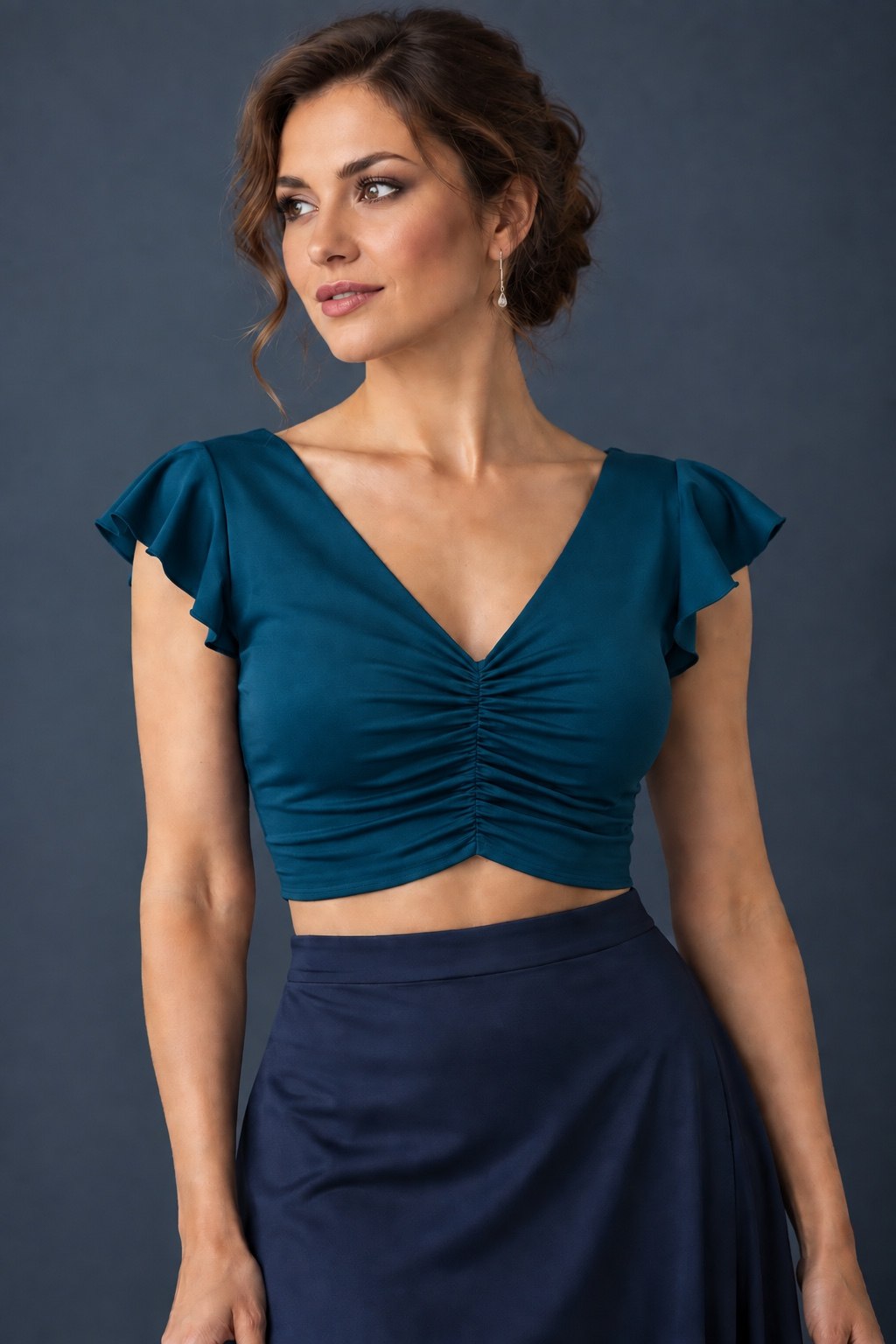 Blue canard women’s tango crop top with flutter sleeves and gathered V-neckline