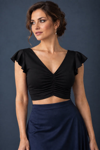 Black women’s tango crop top with flutter sleeves and gathered V-neckline