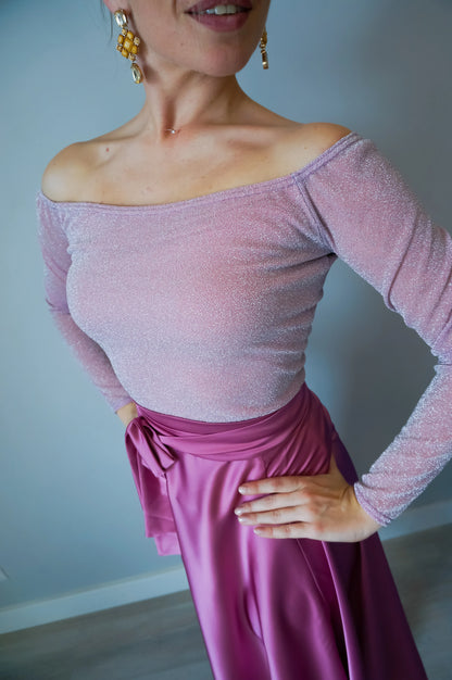 Pink off-shoulder shimmer tango top with long sleeves