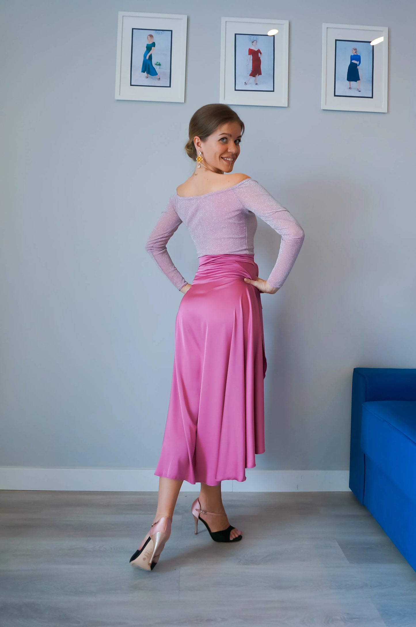 Pink off-shoulder shimmer tango top with long sleeves
