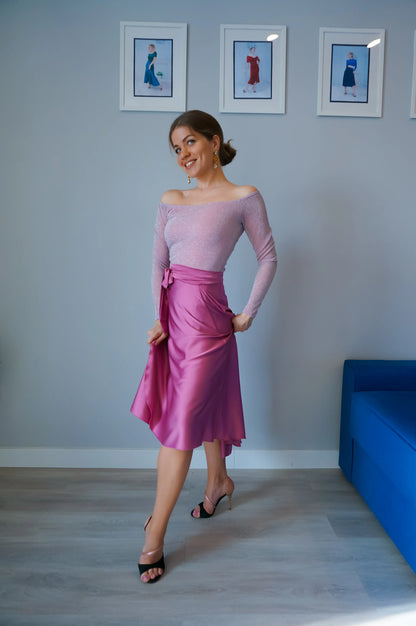 Pink off-shoulder shimmer tango top with long sleeves